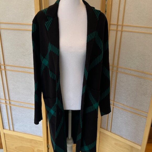 Ann Taylor Long Cardigan Sweater Coat – Black & Teal Plaid - Size XXS - Picture 4 of 5